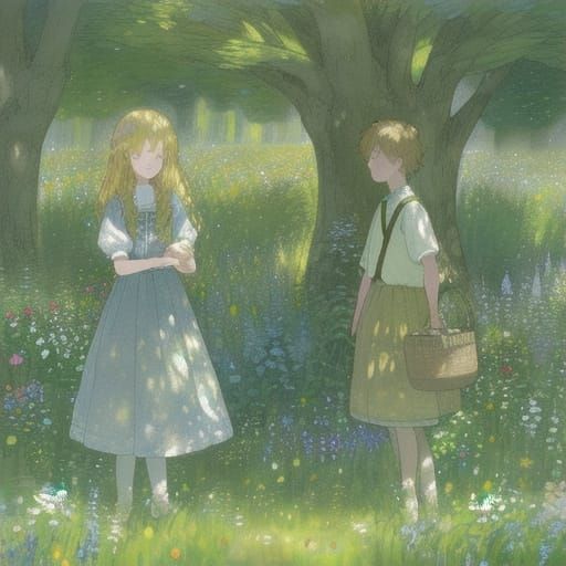 Whimsical Children in a Lush Green Meadow
