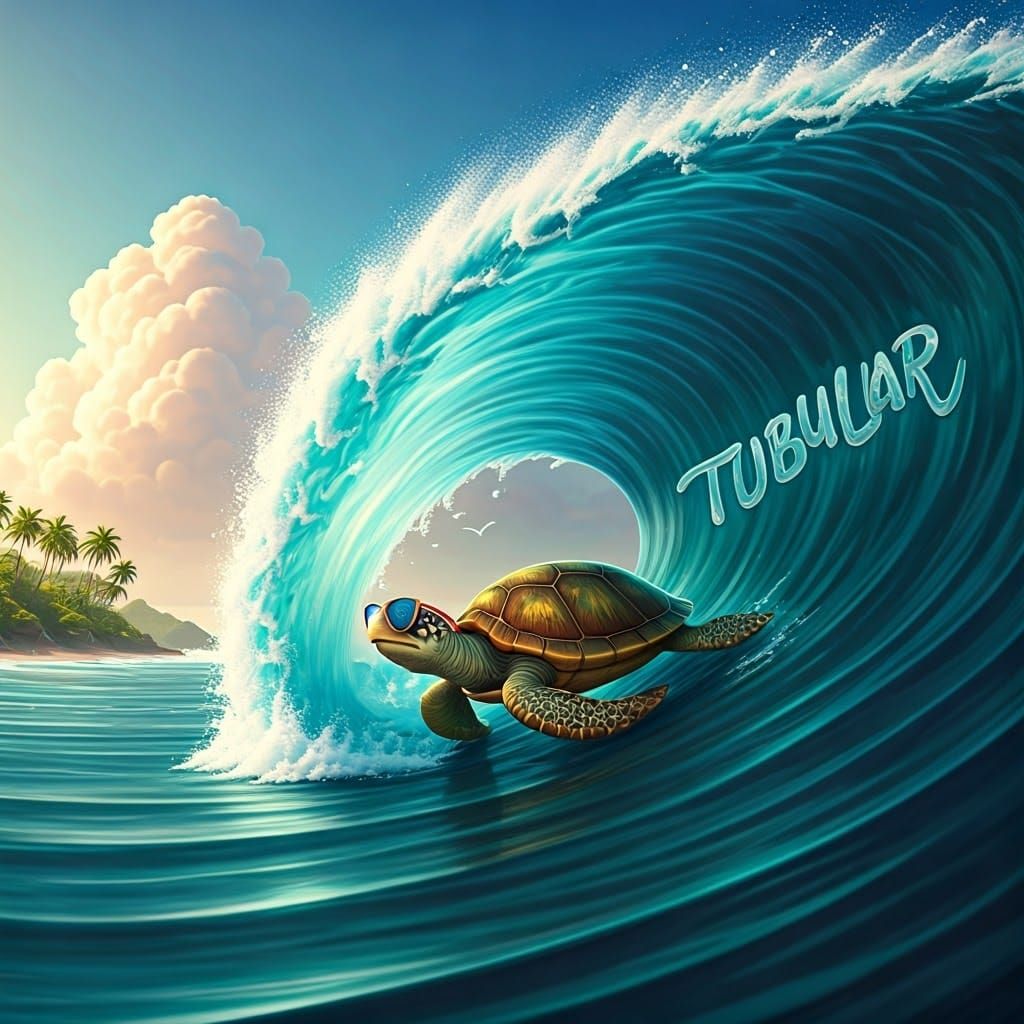 Majestic Sea Turtle Rides Tubular Wave in Tropical Paradise