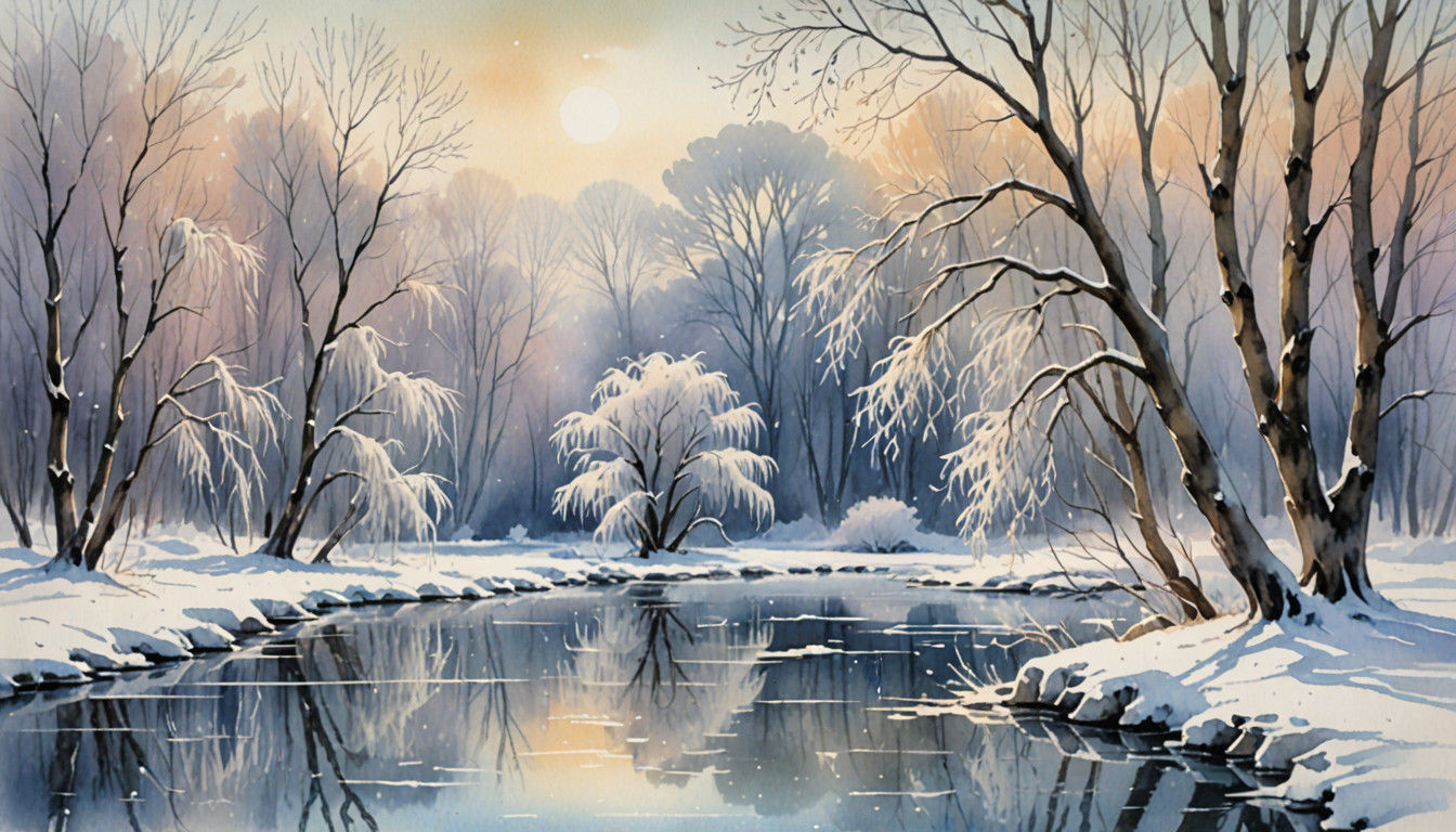Impressionist Watercolor Winter Scene with Frozen Pond and S...