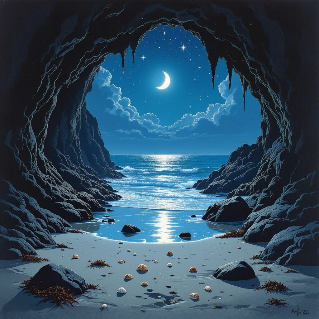 Cave View Opens onto Moonlit Beach in Cosmic Style