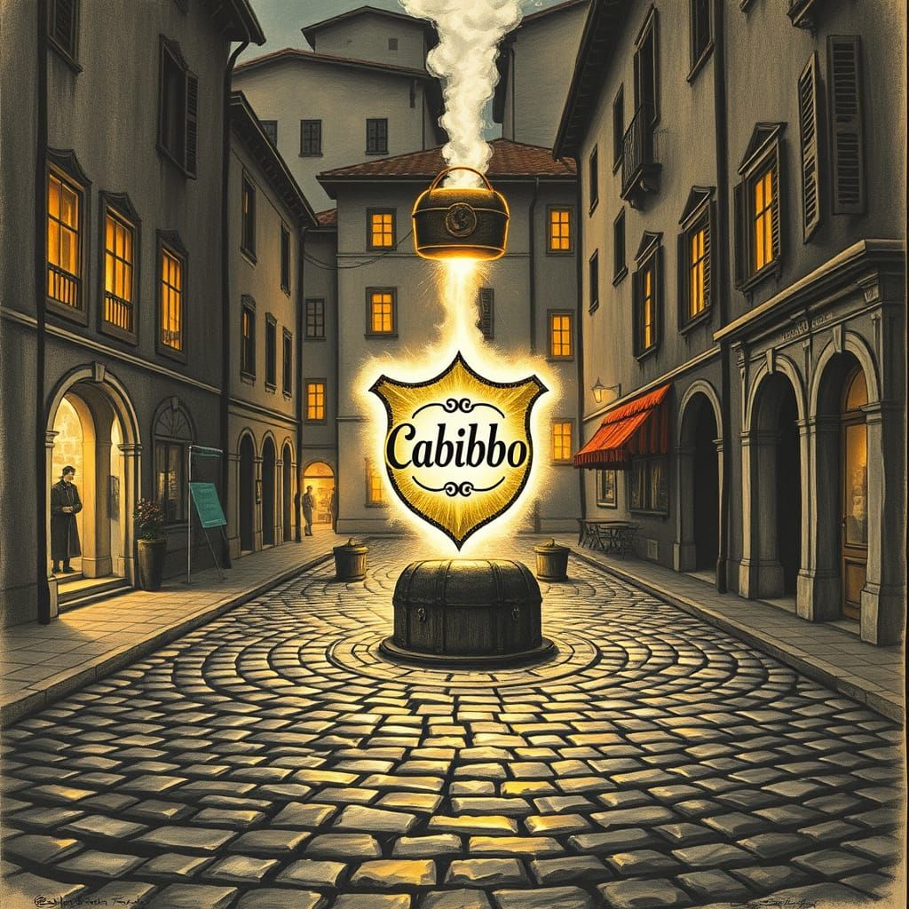 Magical Italian Piazza with Glowing Cabibbo Symbol and Bank ...