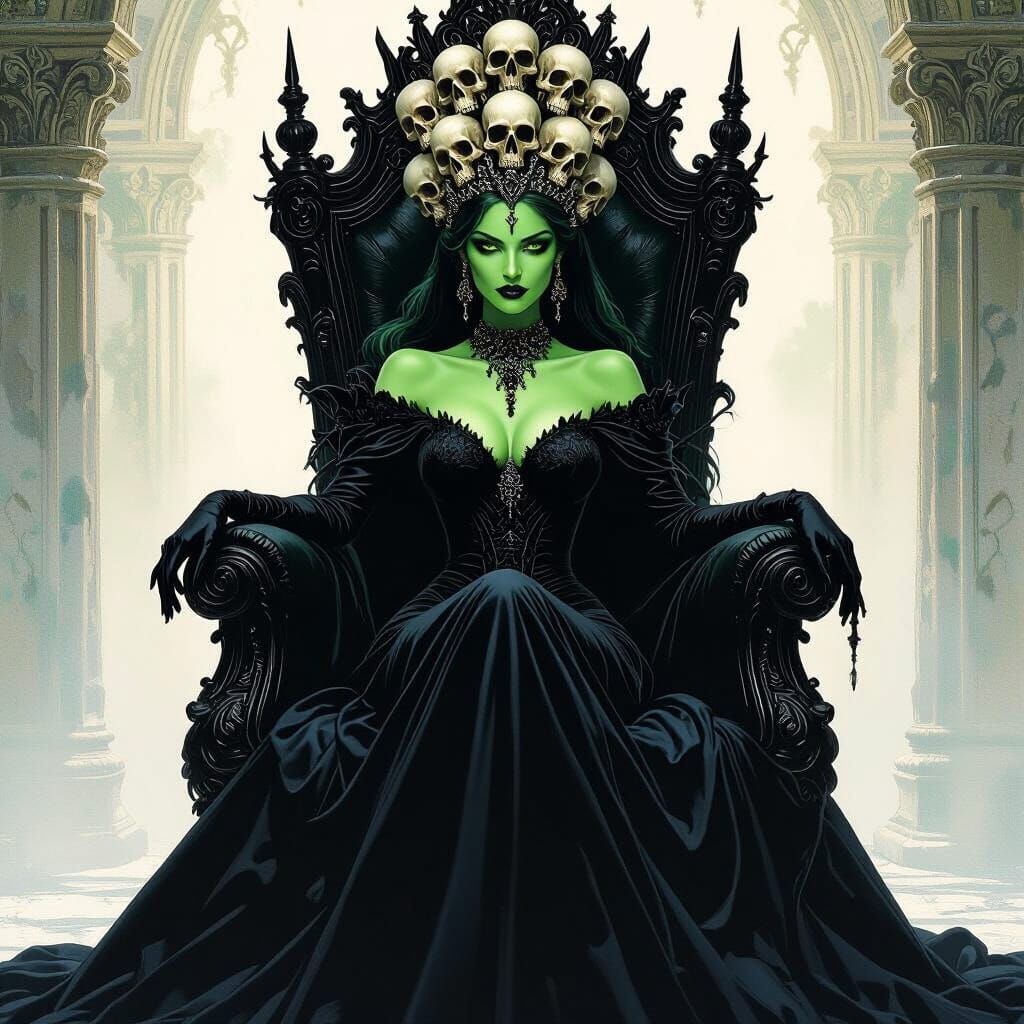 Green-Skinned Queen on Throne, Dark Fantasy Art