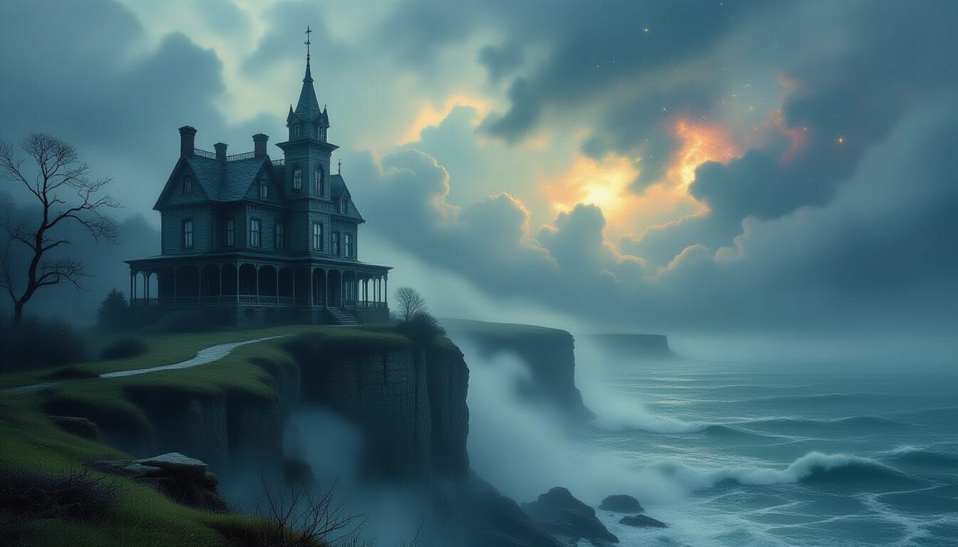 Gothic Victorian Manor on Cliff Overlooking Celestial Sea