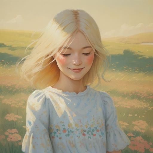 Whimsical Gouache Portrait of Girl in Meadow