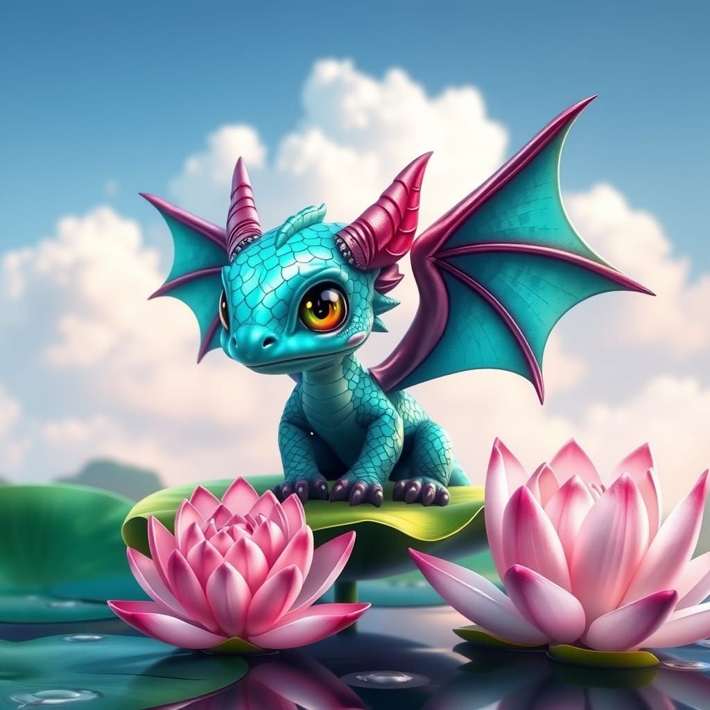 Turquoise Dragon on Lotus Pad, Digital Art