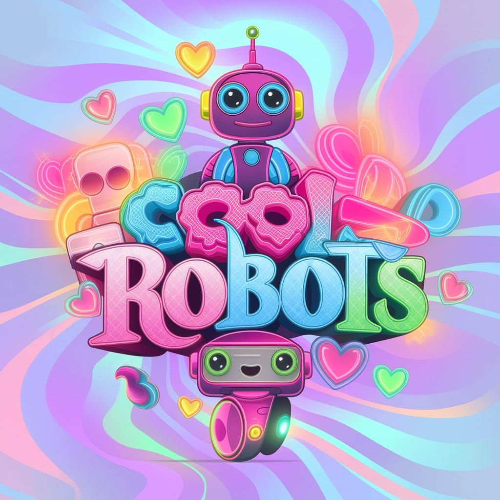 Three cute neon robots, pink, blue, and green, with 3d raised text that says "cool robots" in a gothic fantasy font surr...