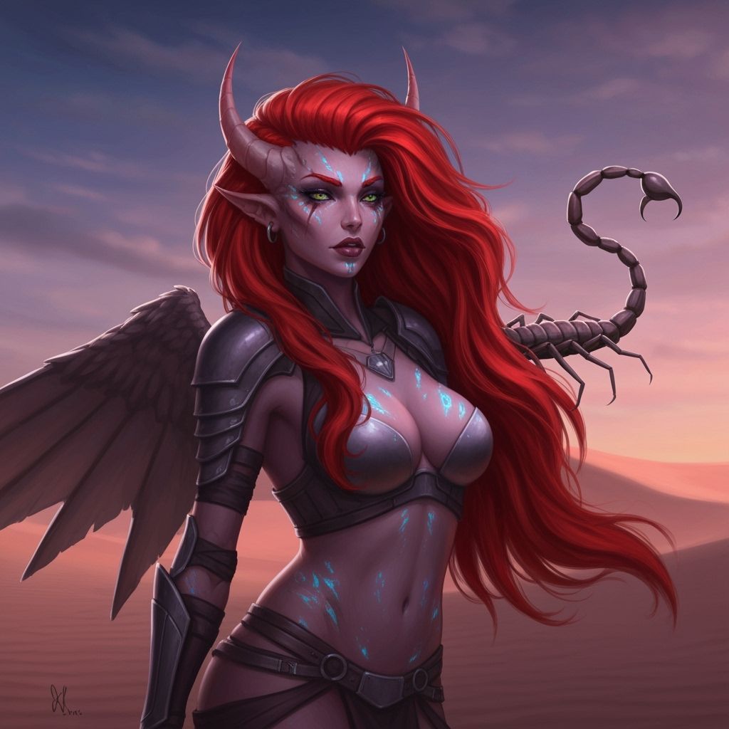Hybrid Woman-Manticore in Desert Landscape