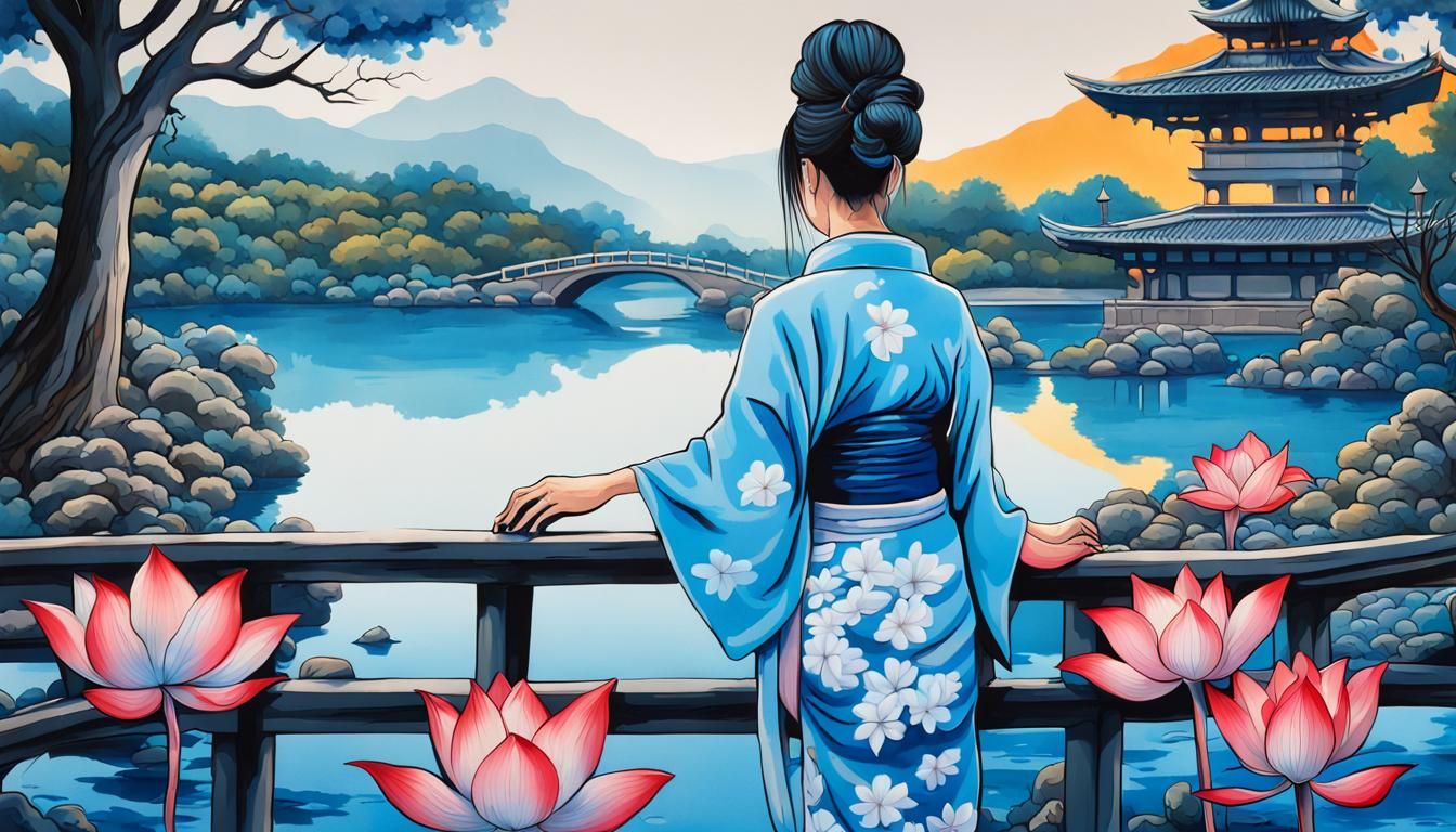 Blue Japanese Lady with Lotus Flowers, Graffiti Art