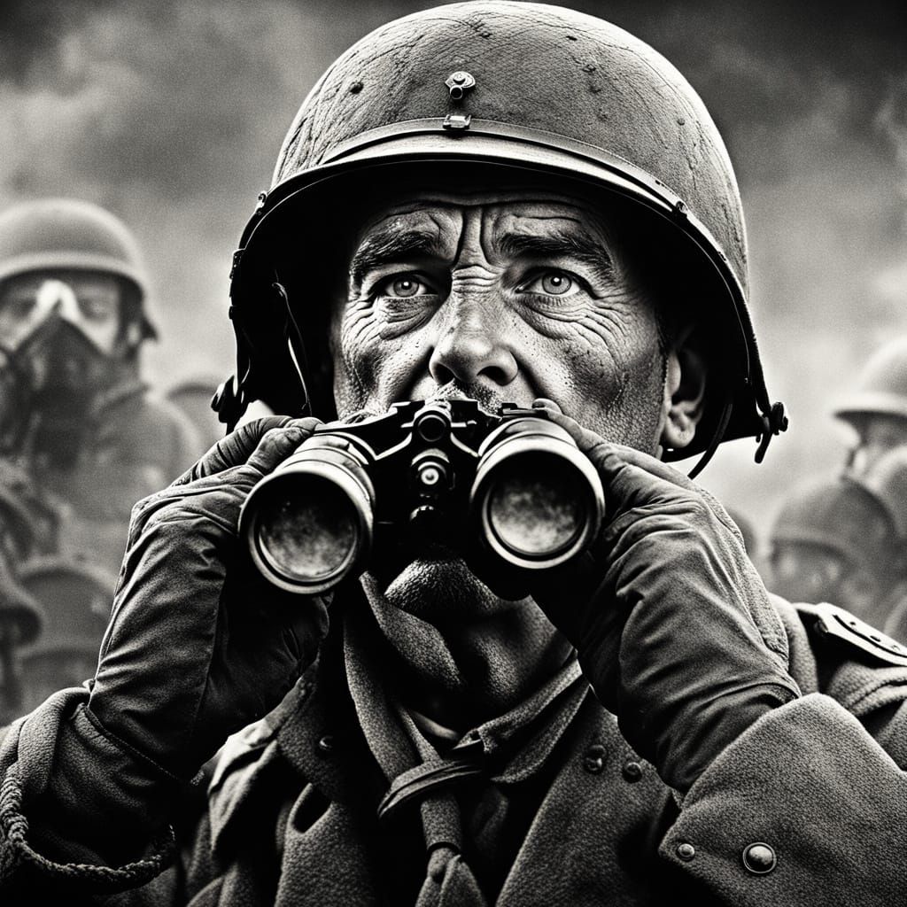 WWII Soldier Spots Enemies in Trench Chaos