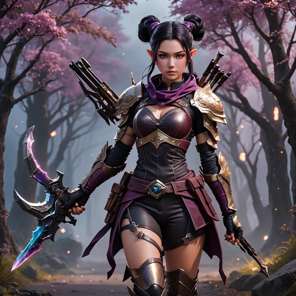 Anime Half-Elf Rogue with Crossbows in Moonlight
