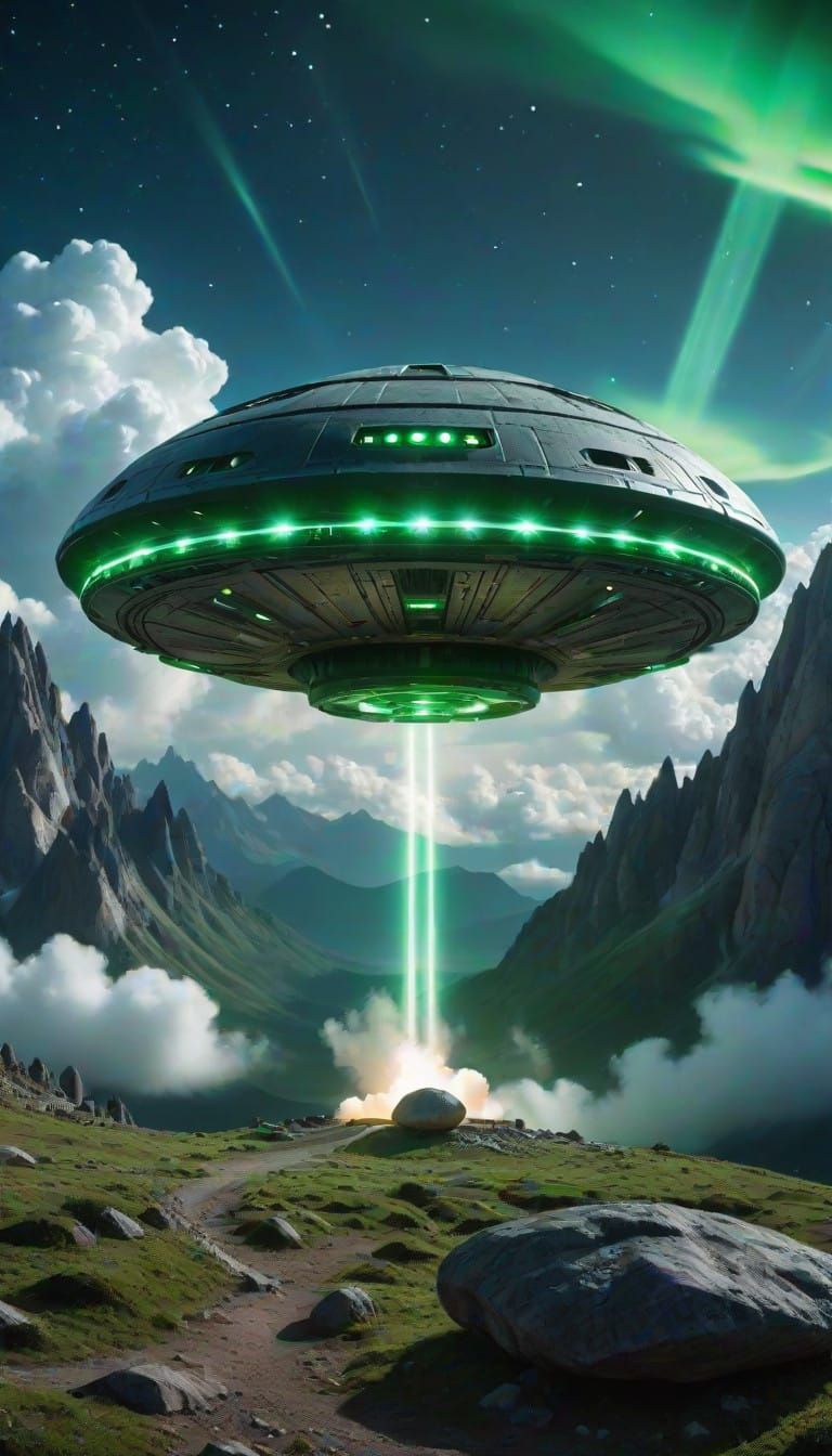 Ethereal Alien Mothership Descends Upon Majestic Mountains