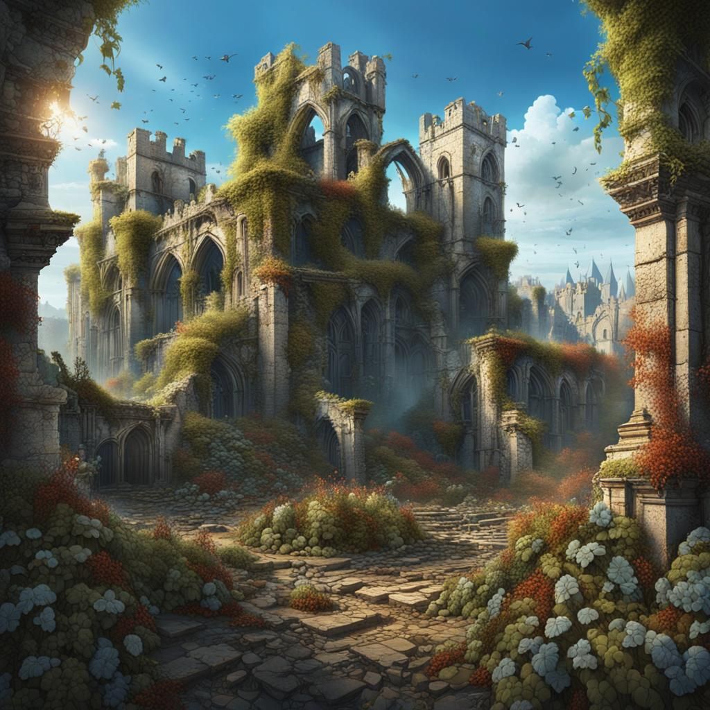 Devastated Medieval City Reclaimed: Fantasy Art