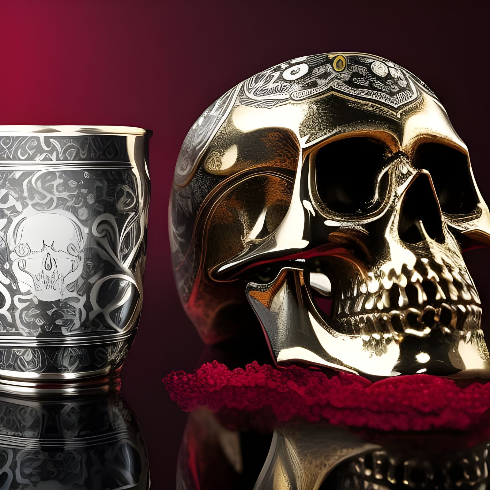 Ornate Skull Cup with Wine, Hyperdetailed Digital Art