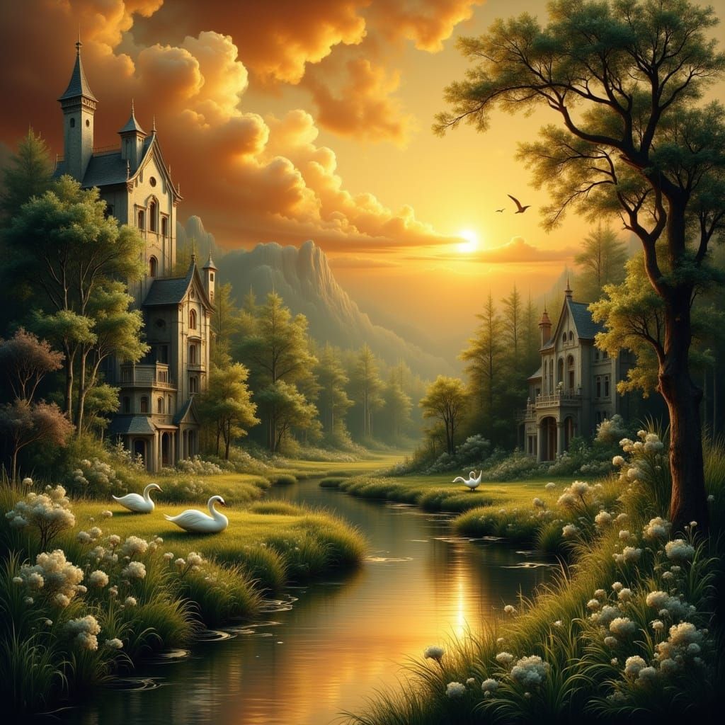 Limestone Village with Cat, Swans, and Fiery Sunset