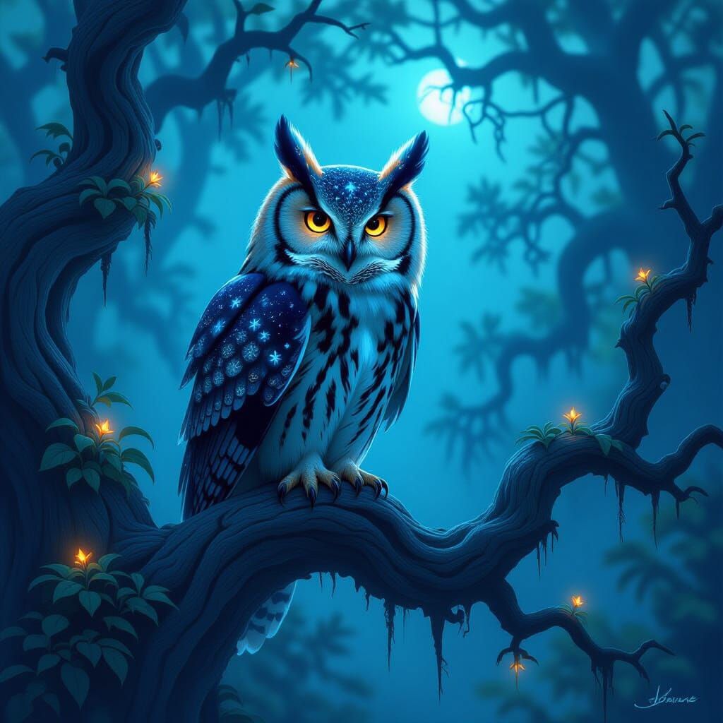 Majestic Owl With Starry Bioluminescence on Ancient Branch