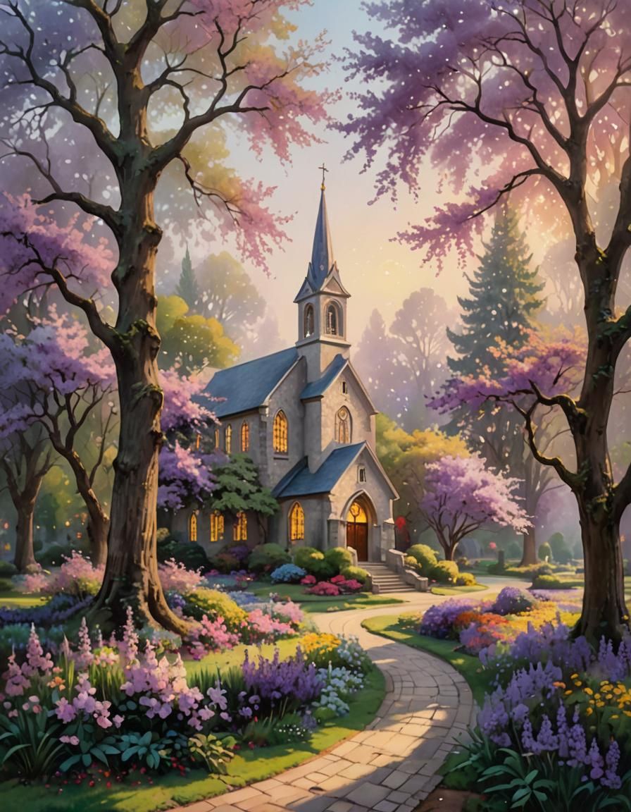 Impressionistic Country Church with Almond Tree