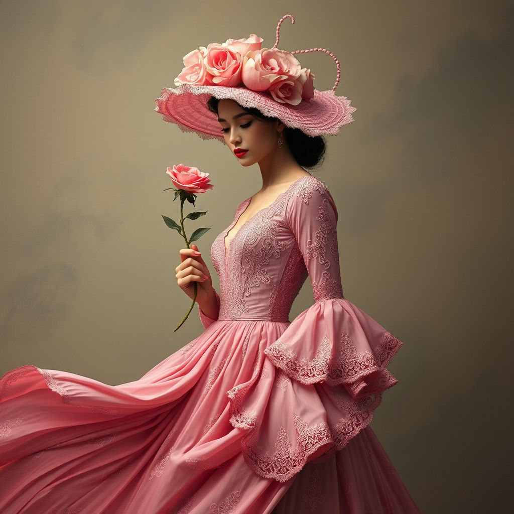 Woman in Pink Dress: Romanticist Oil Painting