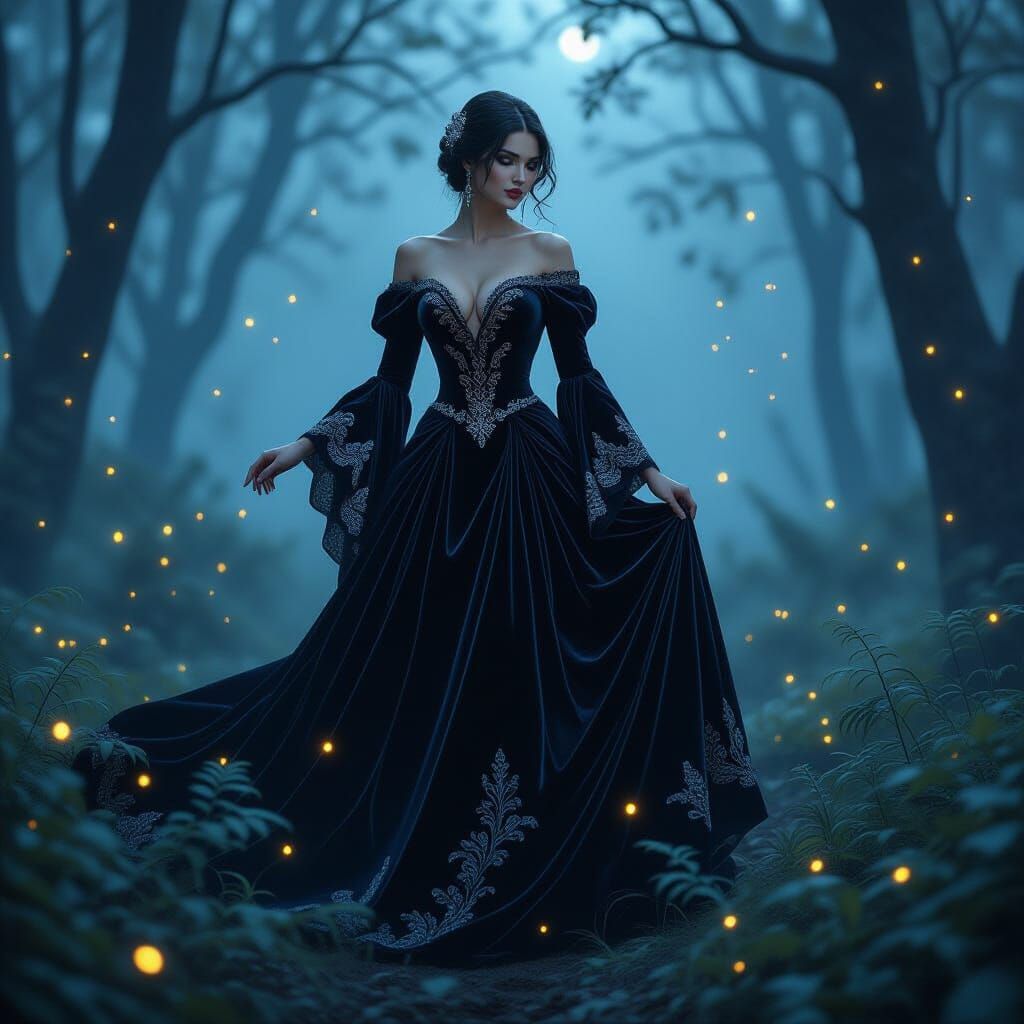 Majestic Woman in Moonlit Forest, Photorealistic Style