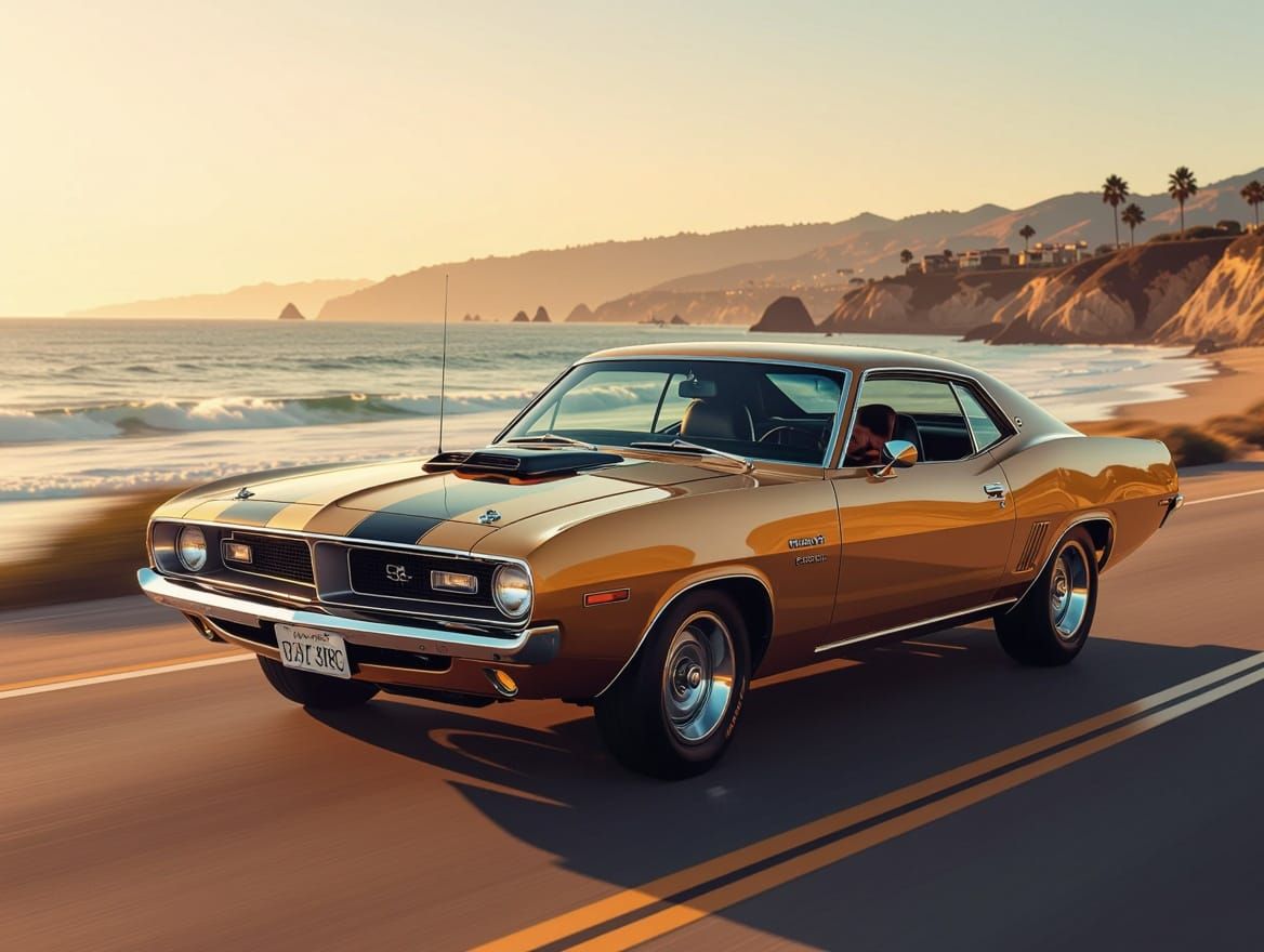 Golden Plymouth Barracuda Cruising San Diego Coast