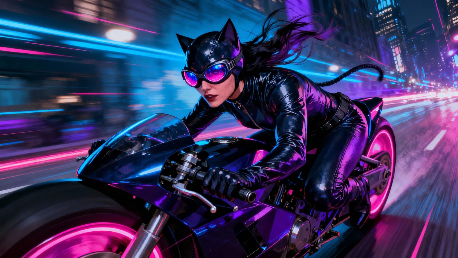 Catwoman on Motorbike in Gotham - Dynamic Digital Art