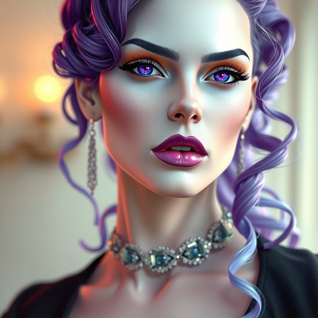 Glamorous Woman with Purple Hair and Eyes