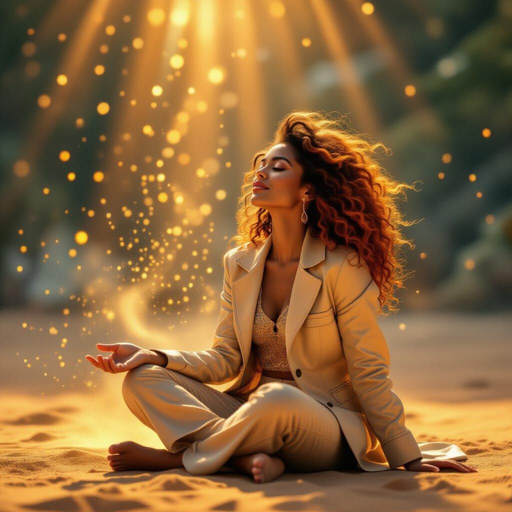 Black Woman in Ecstasy Watching Golden Dust Rain