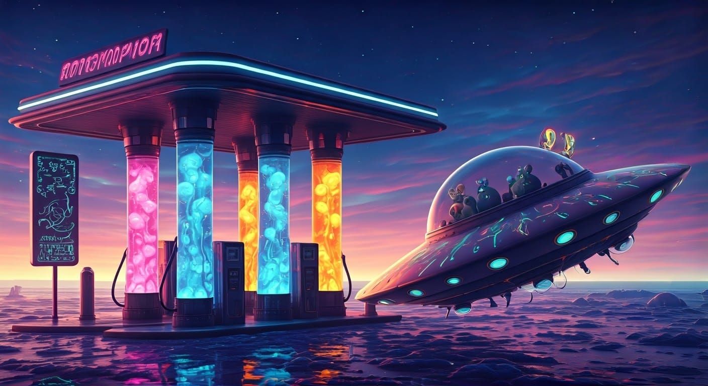 Otherworldly Fuel Station in an Iridescent Alien Landscape