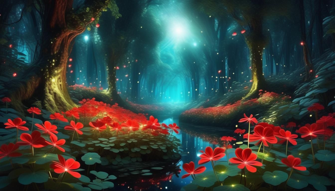 enchanted forest of red geraniums populated by fairies and elves, lots of fireflies, 3D computer illustration, magical, ...