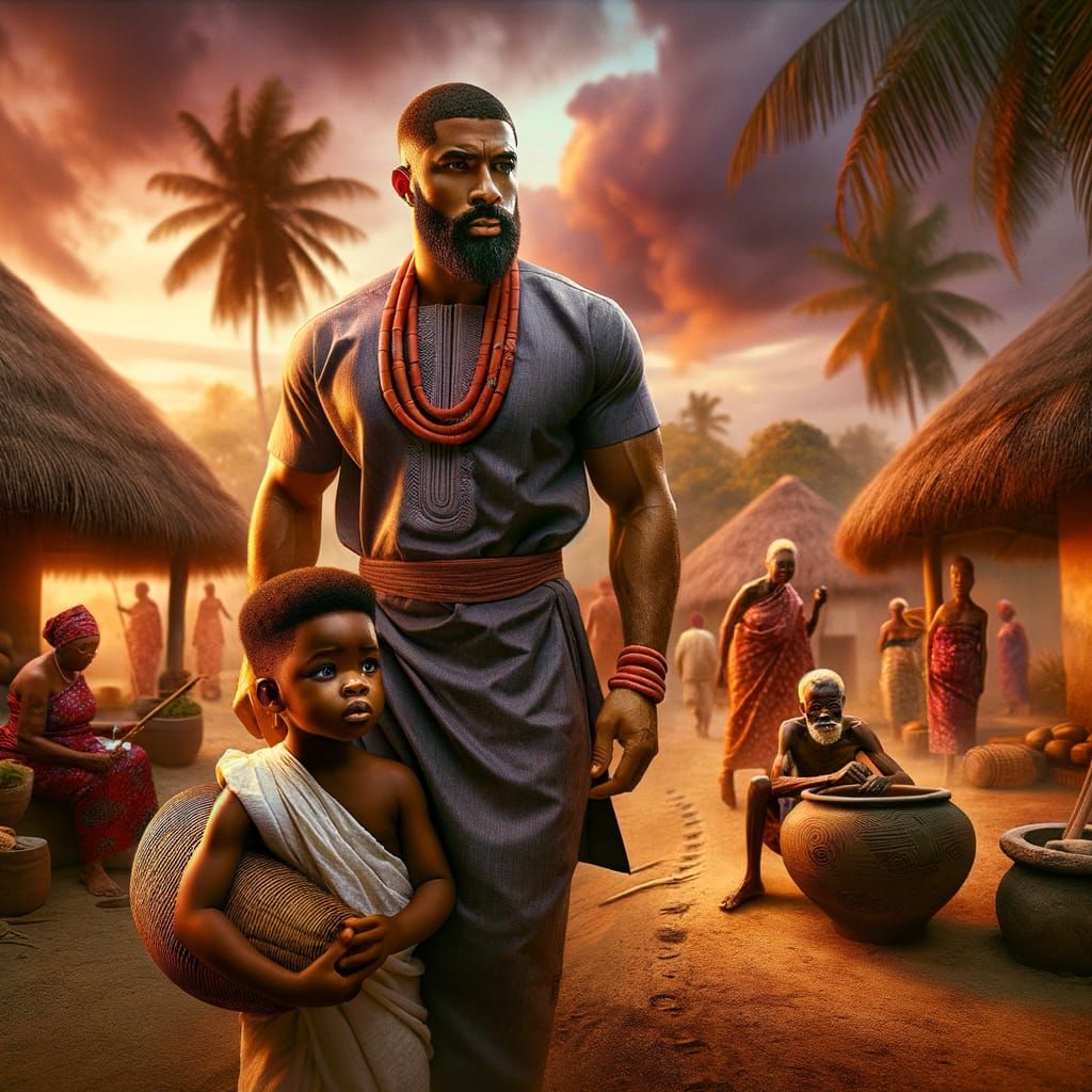 Igbo Father and Son Stroll Through Nigerian Village Dawn