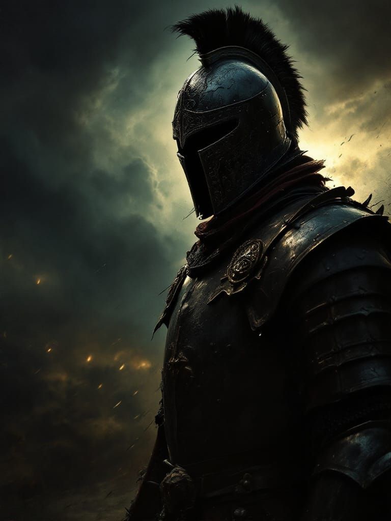 Knight in Armor Under Stormy Sky, Rembrandt Style