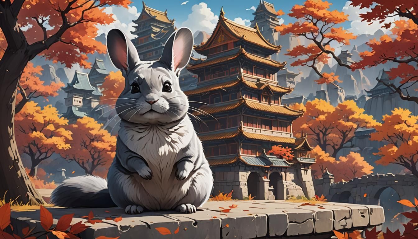 Anime Chinchilla at Chinese Castle: Cel-Shaded Art