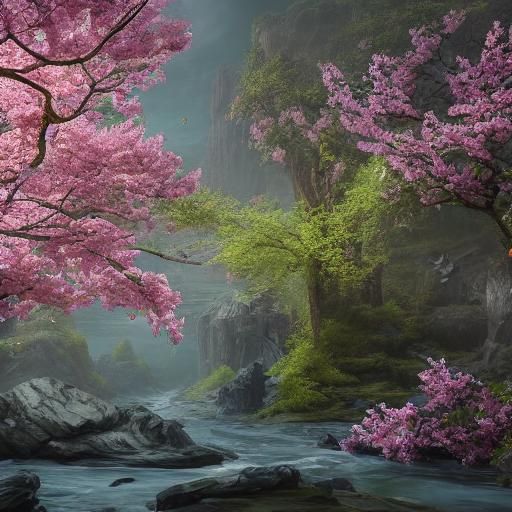 Mossy Wishing Chair Under Cherry Blossoms: Matte Painting