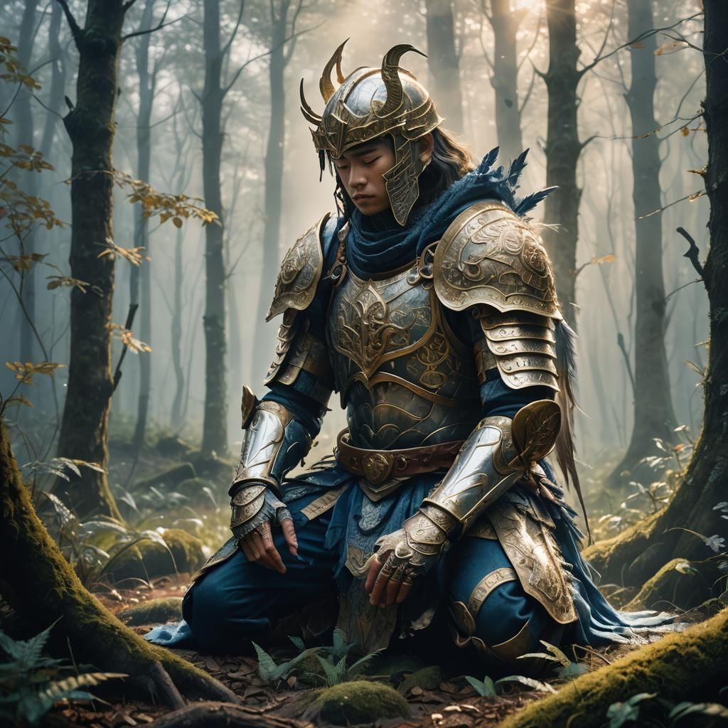 Warrior Praying in Misty Forest: Fantasy Illustration