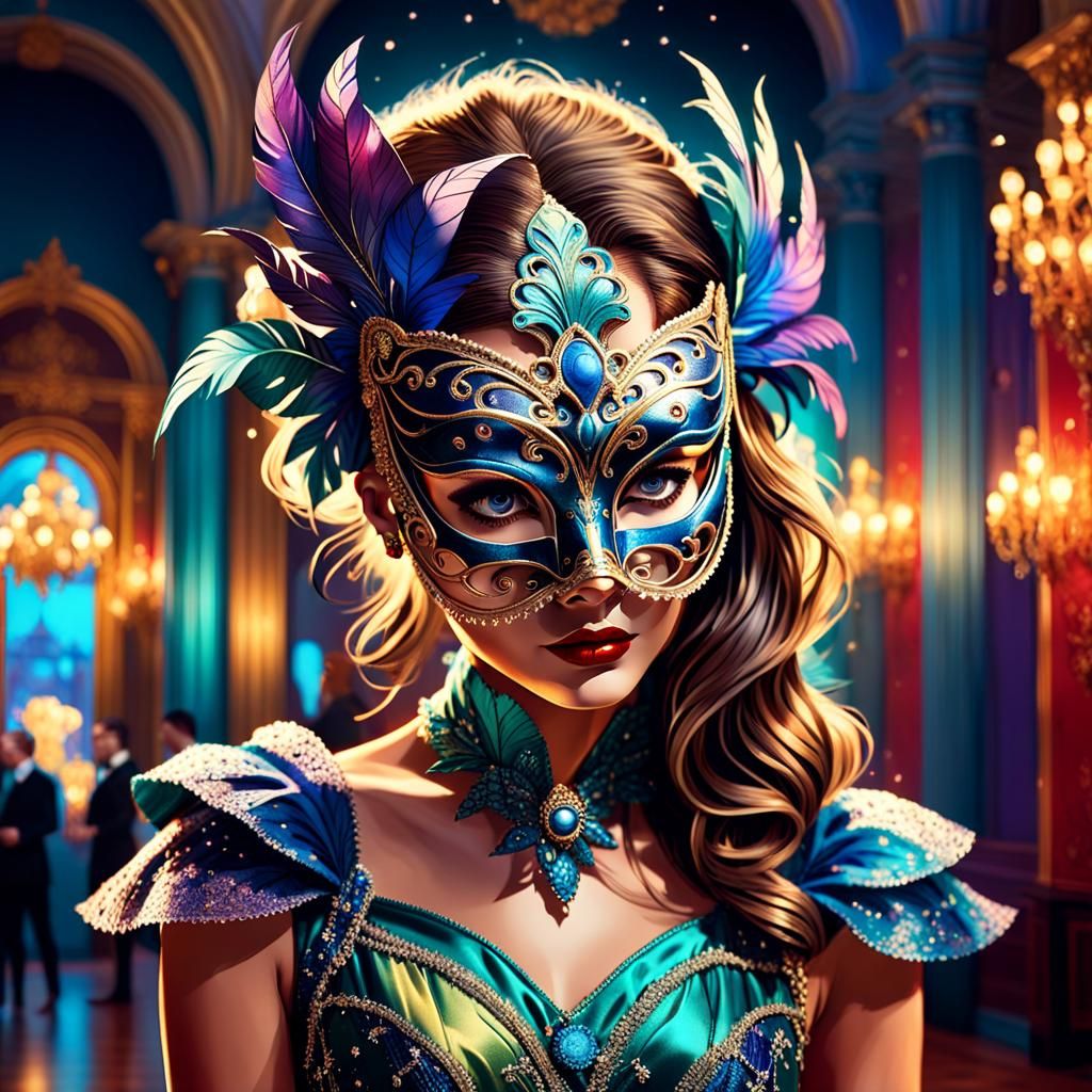 Beautiful Woman in Masquerade Mask, Vivid Colors