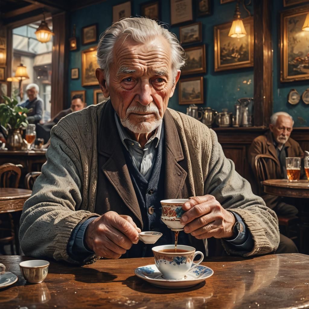 Hyperrealistic Old Man Enjoying Tea in Cafe