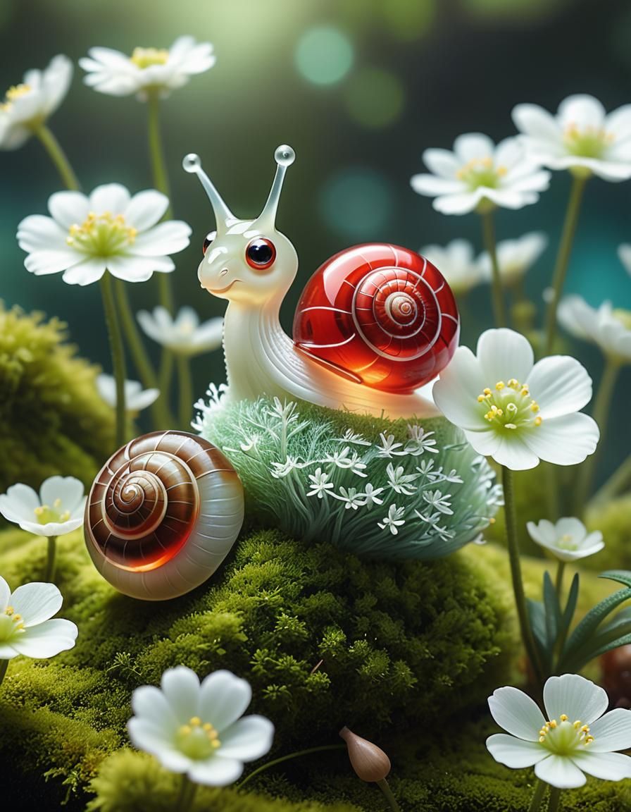 Dreamlike Glass Snail with Ethereal Flower