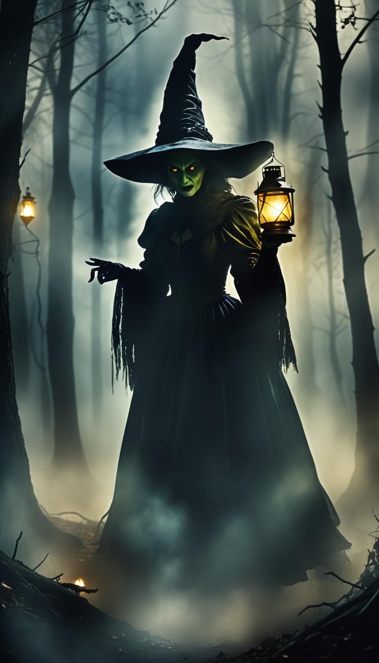 Wicked Witch Casting Spell in Misty Forest