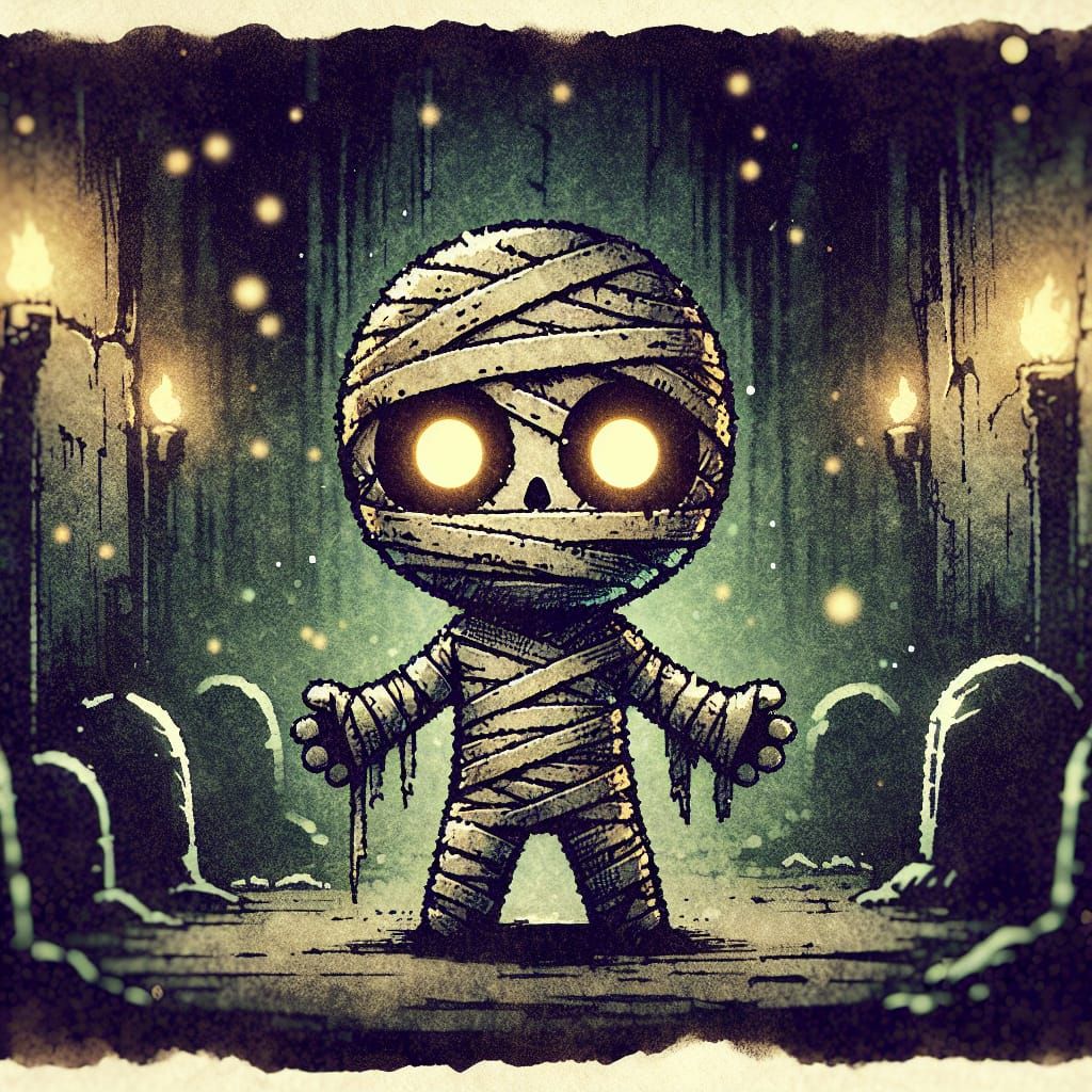 Eerie Chibi Mummy in Tomb: Grainy Watercolor