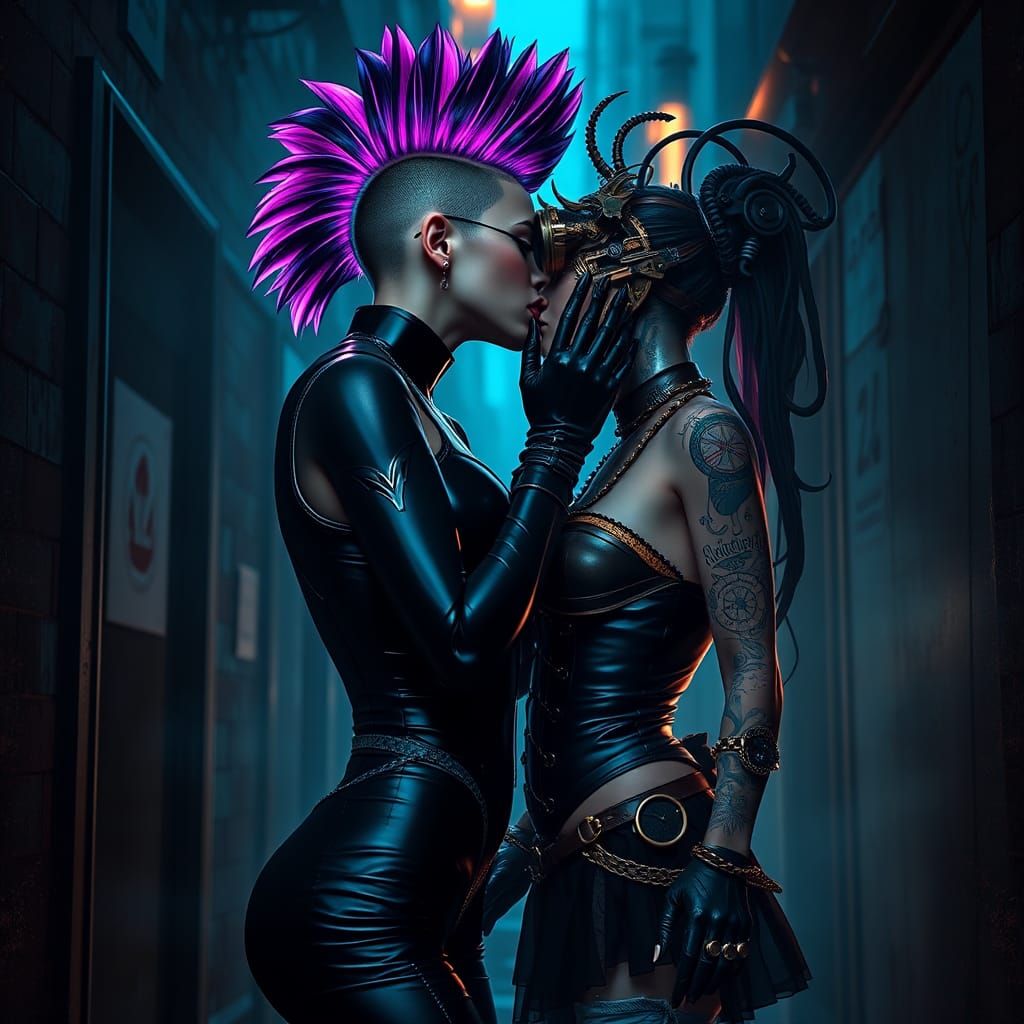 Cybergoth and Cybersteampunk Kiss in Detailed Matte Painting