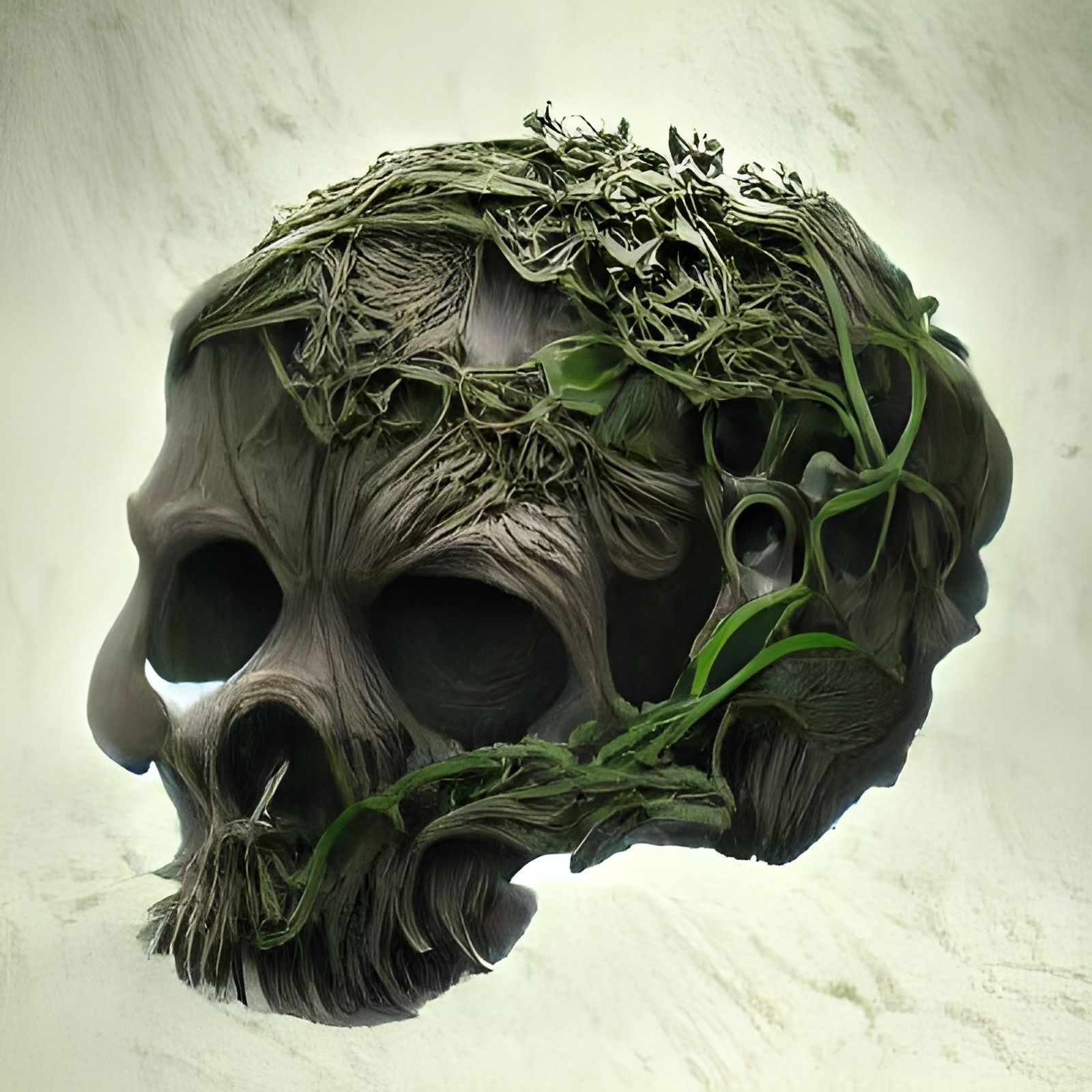 Sinister Vines Encircle Wooden Skull, Digital Art