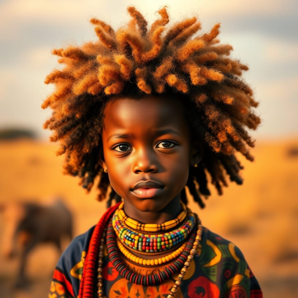 African Boy with Puffy Hair in Savannah Landscape