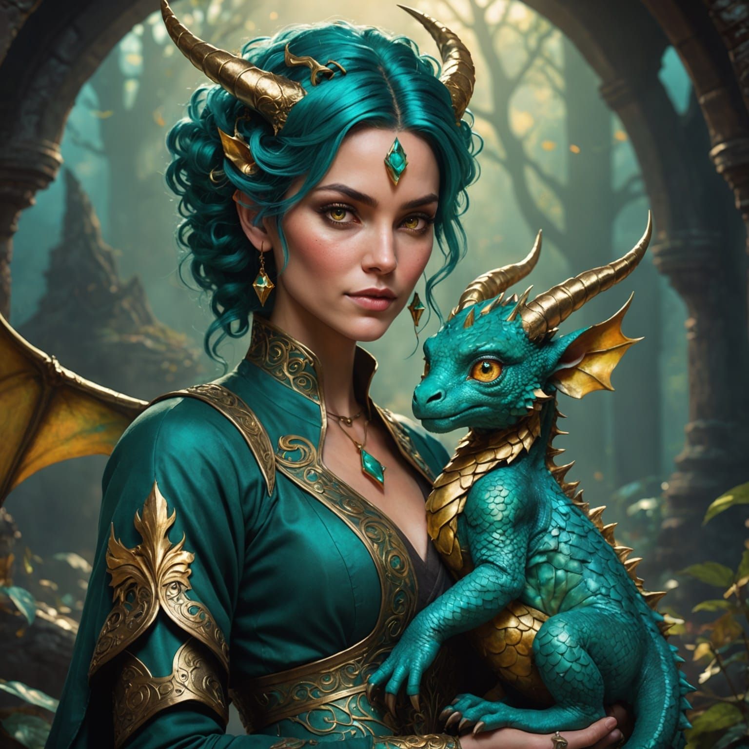 Woman with Dragon in Alcohol Ink Style