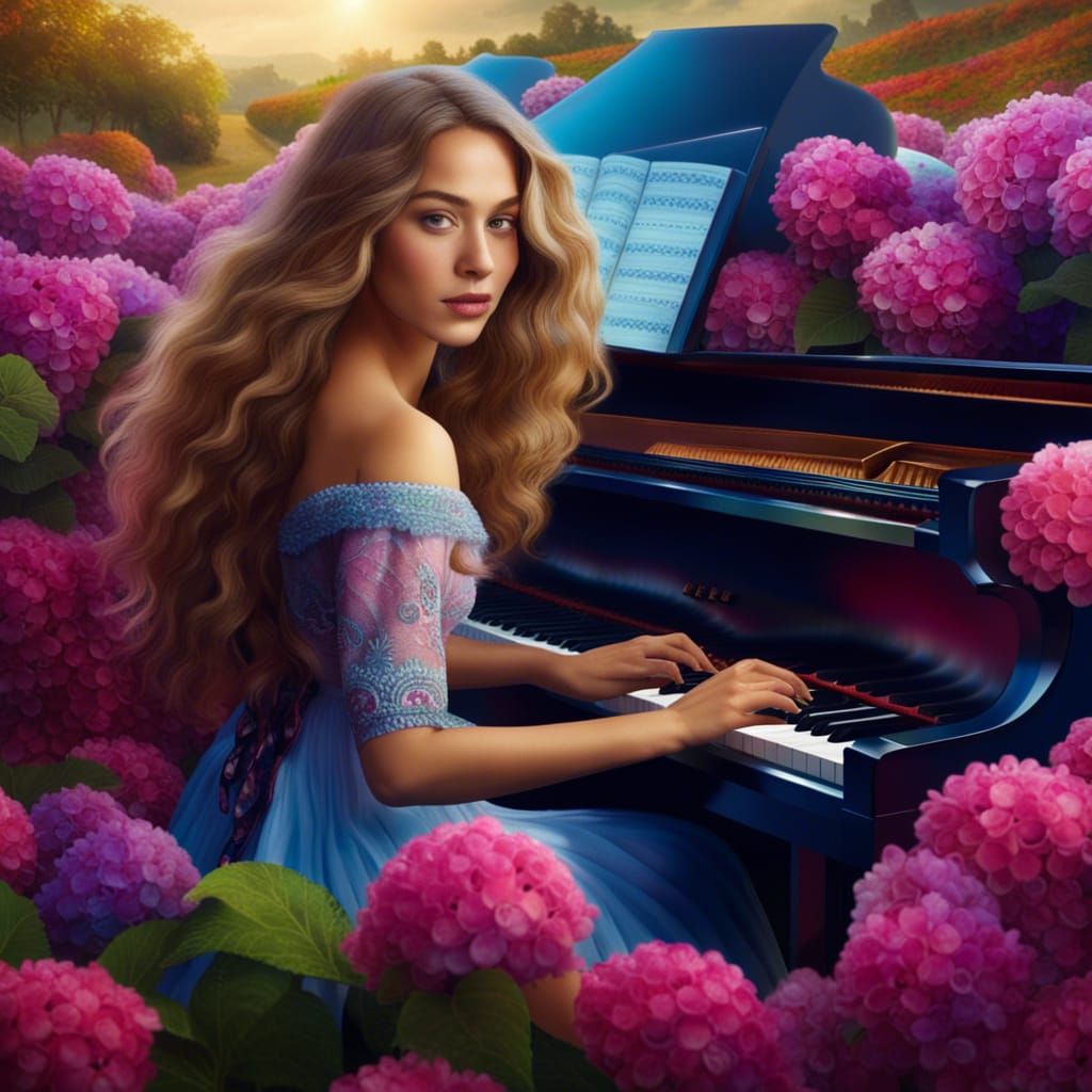 Woman Plays Piano in Hydrangea Field: Detailed Matte Paintin...
