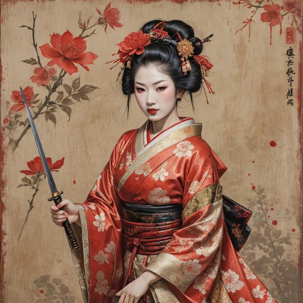 Geisha Pierces Rose: Ukiyo-e Woodprint