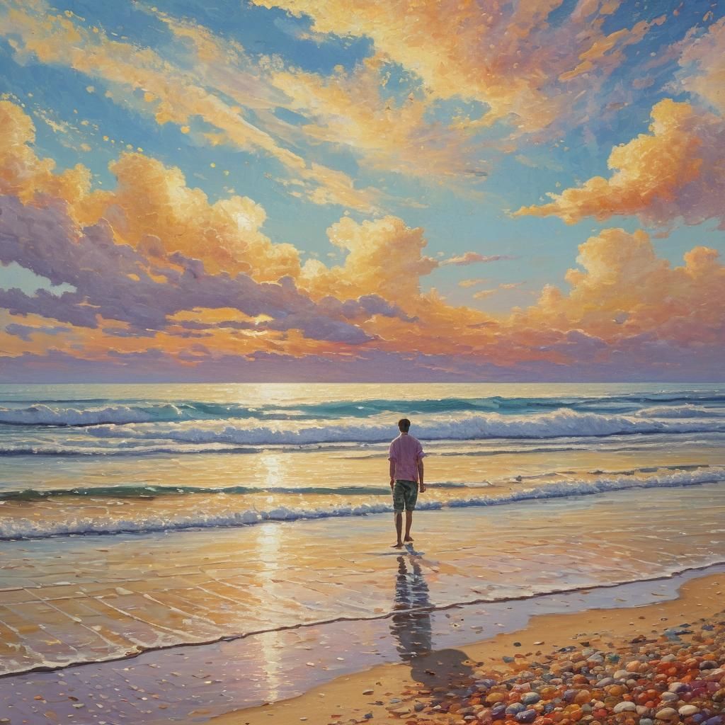 Serene Beach Walk: Pointillist Oil Painting
