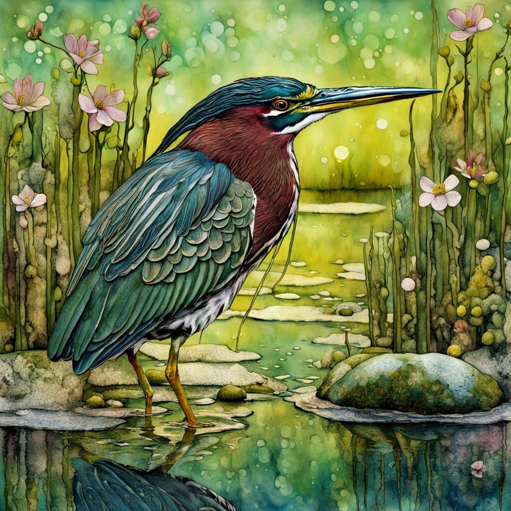 Magical Green Heron in Vibrant Salt Marsh
