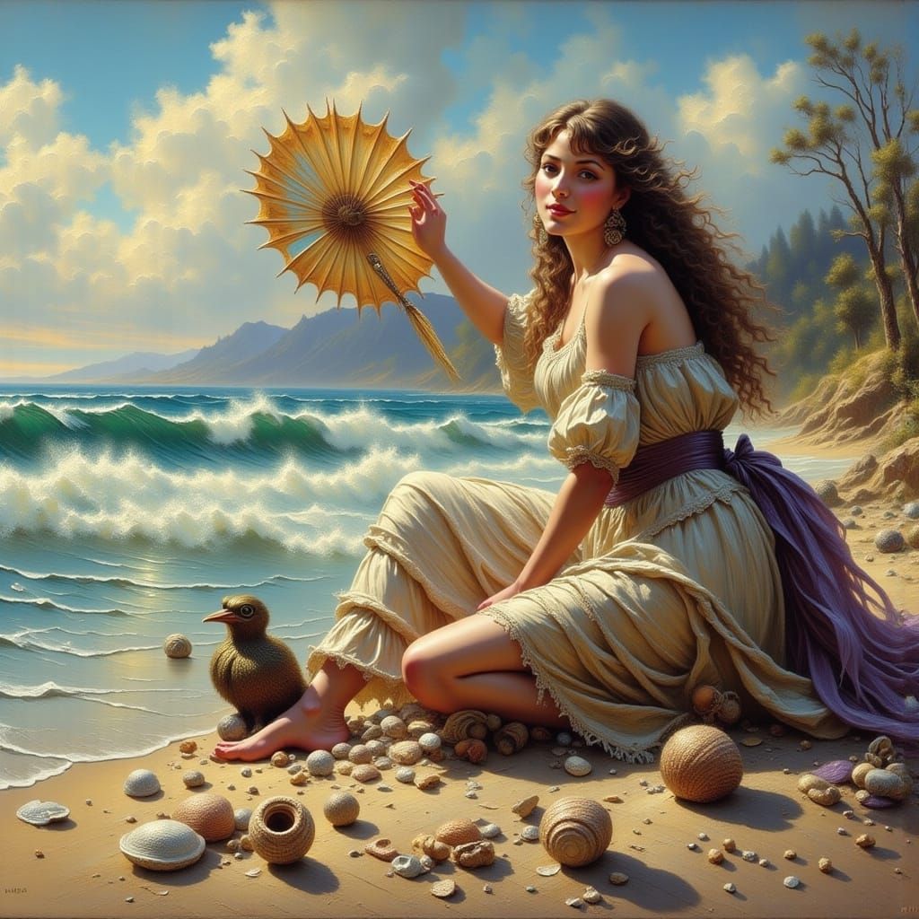 Sally Sells Seashells by the Seashore in Oil Paint Style