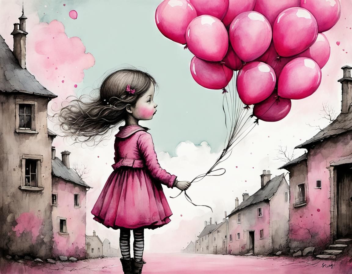 Girl with Pink Balloons Illustration