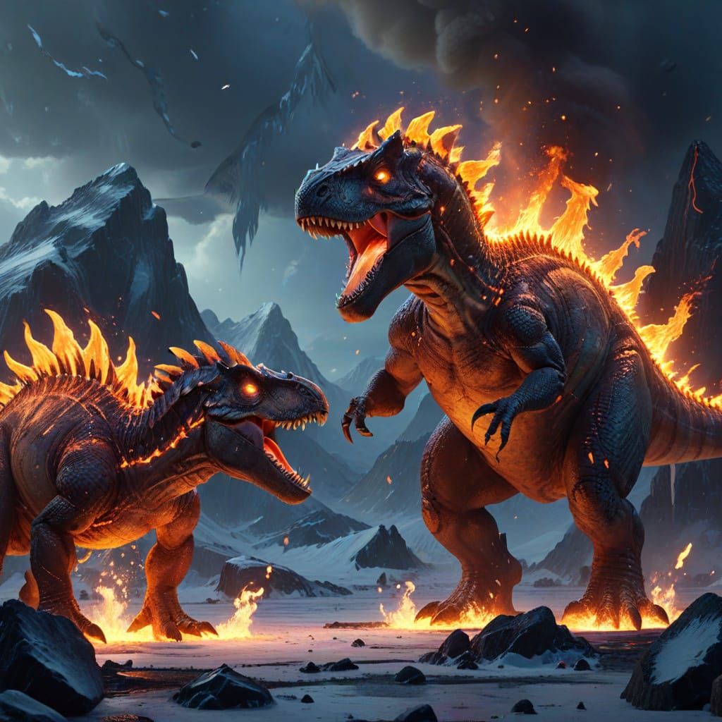 Fire Dinosaur vs Ice Dinosaur: Epic Digital Art