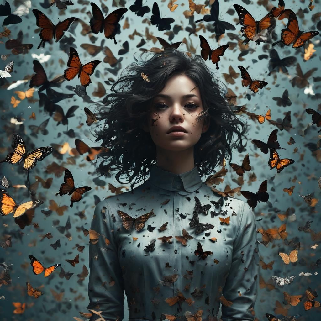 Girl Dissolving into Butterflies: Surreal Dark Art